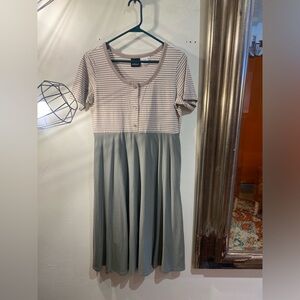 OOAK Upcycled Newport News Striped Gray and Cream Midi Dress has pockets!